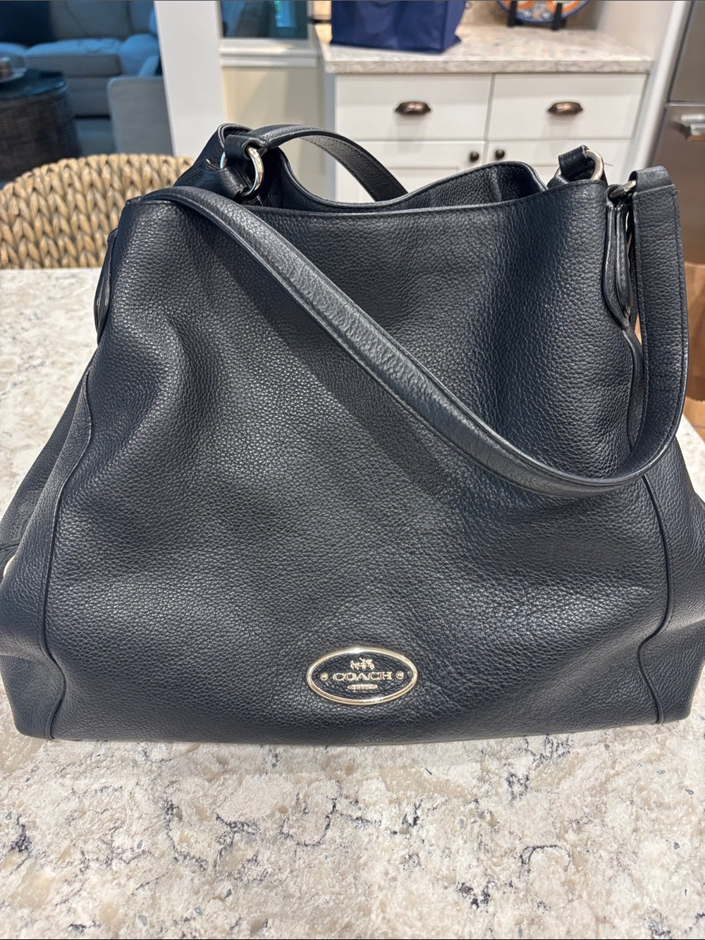 Coach Black Pebbled Leather Shoulder Bag with Logo Plaque